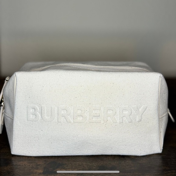 Burberry Embossed Logo Ivory Cream Canvas Makeup Bag Toiletry Case Travel Pouch - Picture 1 of 7